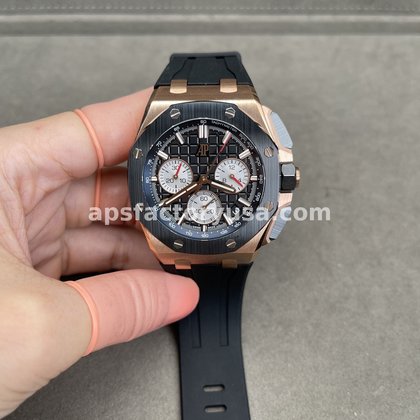 QC photographs, Royal Oak Offshore 26420OR, black dial, ceramic bezel, 8 frames